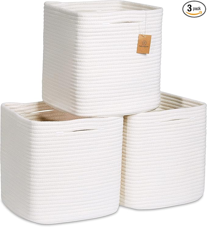 NaturalCozy Storage Cubes 11 Inch Cotton Rope Woven Baskets for Organizing, 3-Pack | Cube Storage Bin | Square Storage Baskets for Shelves Organizer, Classroom, Kids Toy Bins, Closet, Baby Nursery