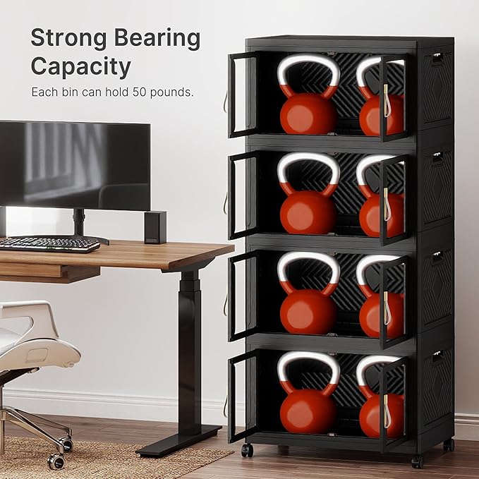 UAMFURI Stackable Storage Bins with Lids, Clear Doors, Large Storage Cabinet Foldable Collapsible Closet Organizers for Bedroom Dorm Office (4, Black, 120, Quarts)