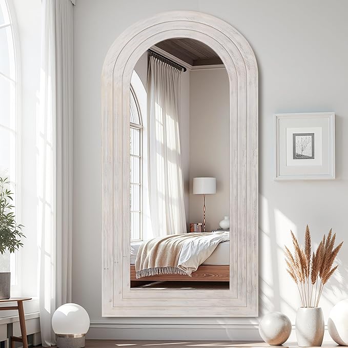 Antok Full Length Mirror with Solid Wood Frame, 76"×34" Wall Mounted Oversized Floor Mirror with Stand, Leaning Standing Hanging for Bedroom Living Room Entryway, White, Arched Syle