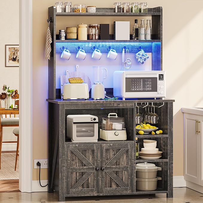 Itaar Coffee Bar Cabinet, Bakers Rack with Power Outlet and Storage, Farmhouse Microwave Stand Kitchen Cabinet with Hutch, LED Lights, Wine Glass Holder and 8 Hooks (Grey)