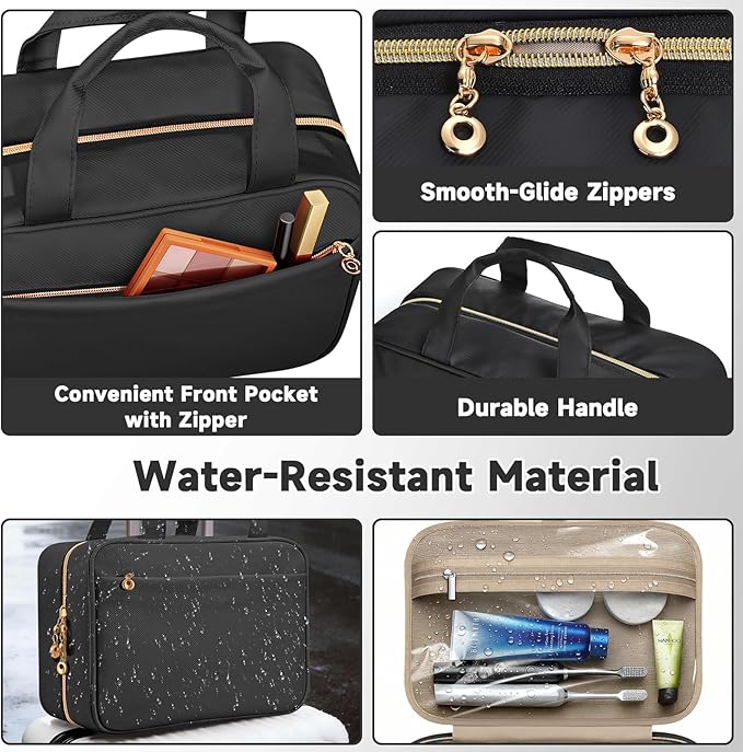 Travel Toiletry Bags, Portable Travel Bag with Hanging Hook for Women, Waterproof and Hanging Makeup Bag Travel Organizer Accessories for Travel Essentials (Black, Medium)