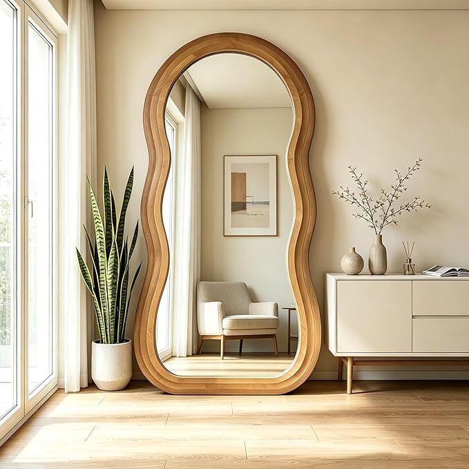 Wavy Full Length Mirror, 71"x33.5" Oversized Organic Floor Mirrors with Triple-Layer Solid Wood Frame, Large Irregular Full Body Mirror for Living Room Entryway Cloakroom, Leaning/Hanging