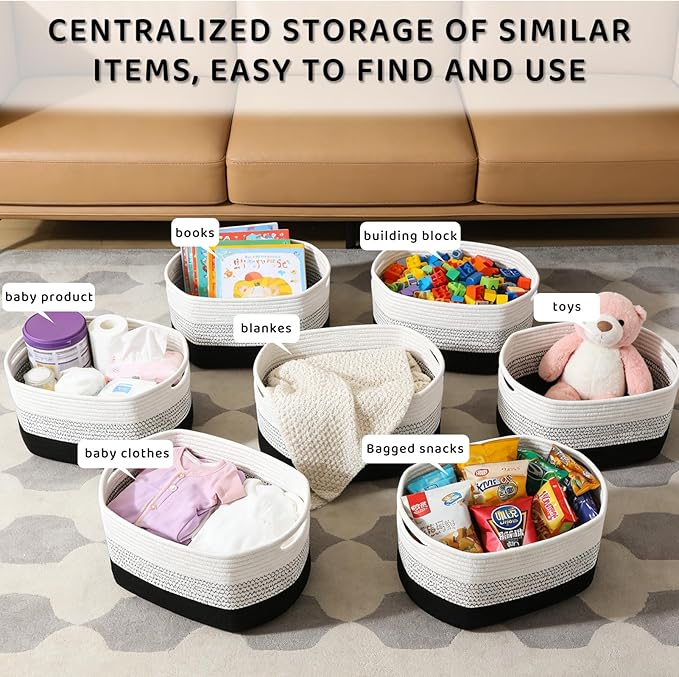 4 Pack Storage Baskets for Organizing, 12''Lx9''Wx8''H Woven Baskets for Storage Toys, Towels, Books, and Clothes, Cotton Rope Basket for Shelves with Handle White & Brown