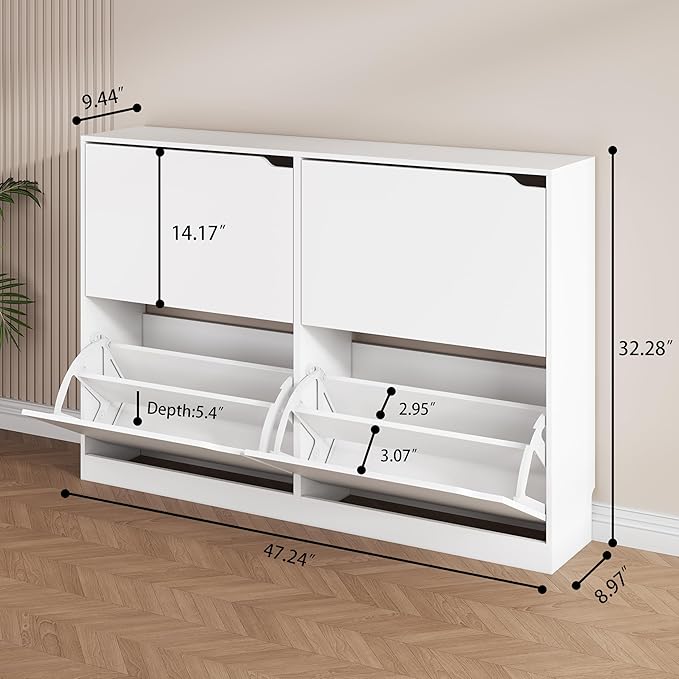 Shoe Storage Cabinet, Wood Shoe Organizer for Entryway with 4 Flip Drawers, Freestanding Shoe Rack with Adjustable Shelf, Narrow Shoe Dresser for Front Door Entrance(White, 47.24" x 32.28" x 9.44")