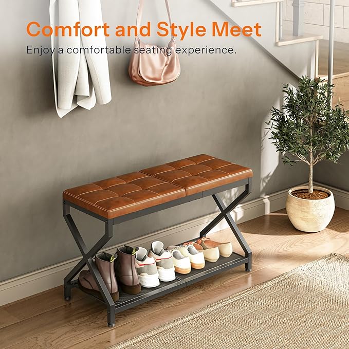 HOOBRO 29.5" Shoe Bench, Entryway Bench with Tufted PU Leather Cushion, Boot-Friendly Shoe Rack Bench Holds 300 lb, Industrial Shoe Storage Organizer for Small Space Front Door, Whiskey Brown CB24HX01