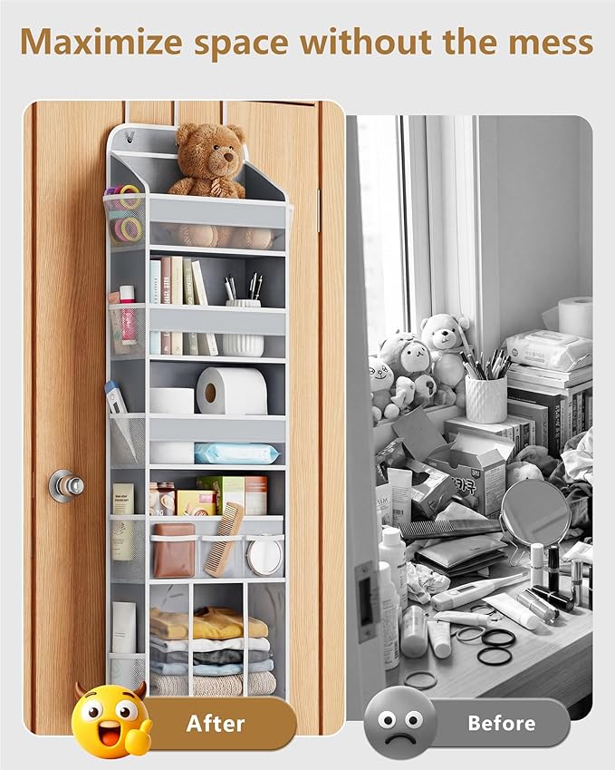OneDream Over the Door Organizer for Nursery, 5-Tier Baby Clothes Organizer with Removable Storage Caddy, Hanging Behind Door Storage with Clear Pockets and Side Mesh Compartments, Grey