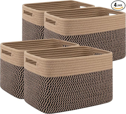 4 Pack Storage Baskets for Organizing, Woven Baskets for Shelves - Perfect for Toys, Books, Towels, and Clothes, Durable Gift Basket Bins Toy Storage, 12.7''L x9''W x7.8''H, Black and Brown
