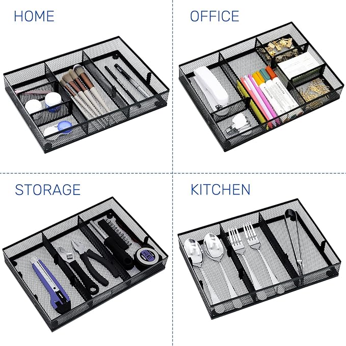 Neudeco Desk Drawer Organizer, 4 Pack Metal Mesh Drawer Organizer Set with Adjustable Dividers, Stackable Pen Organizer for Desk Drawer, Office Supplies Organizer, Black