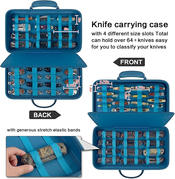 Knife Display Case for 64+ Pocket Knives, Butterfly Knife Storage Box, Folding Knives Organizer Holder, Knives Collection Organized Carrier for Survival, Tactical, Outdoor, EDC Mini Knife - Dark Blue