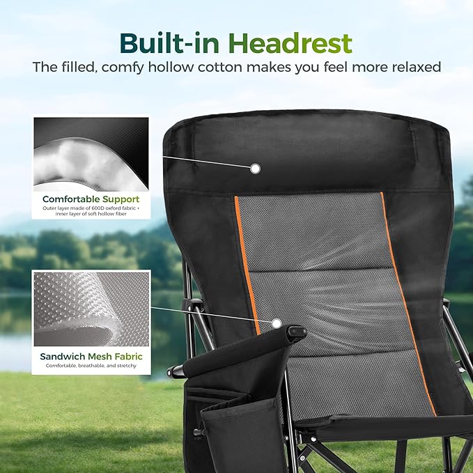 ALPHA CAMP Oversized Folding Camping Chairs for Adults High Backrest Heavy Duty Lawn Chairs Support 500 LBS Portable Camp Chairs with Cup Holders Large Side Pocket Outdoor Chair 2 Pack