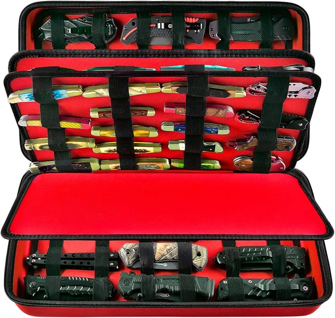 GWCASE Knife Display Case for 66+ Pocket Knives. Folding Holder, Butterfly Storage Organizer, Roll Collection Pouch for Survival Tactical Outdoor - Red