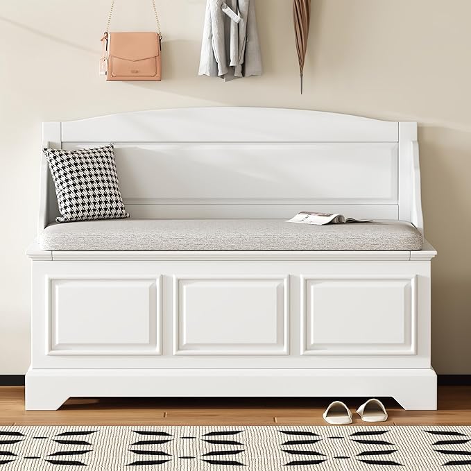 LUMISOL Shoe Storage Bench with Cushion, 41.7“ Farmhouse Entryway Bench with Soft-Close Devices and Hidden Storage, Upholstered Storage Ottoman for Living Room, Entryway, Bedroom, White