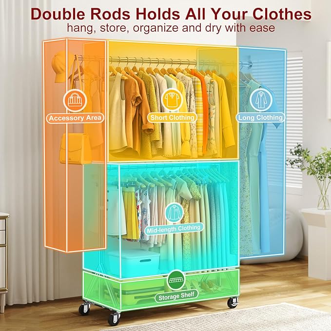 Heavy Duty Clothes Rack Load 860LBS, Rolling Double Rods Clothing Racks for Hanging Clothes, Adjustbale Garment Rack With Sturdy Wheels Shelf, Portable Closet Rack Free Standing