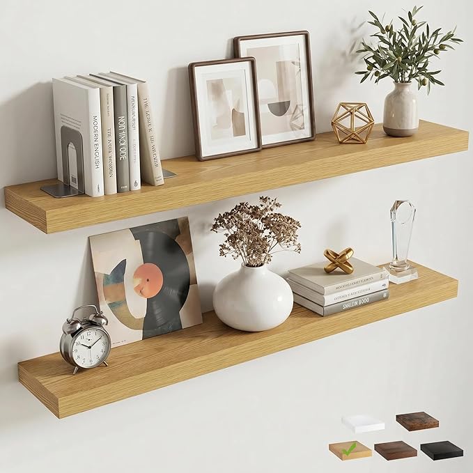 Venusmiles Floating Shelves for Wall, 40 Inch Floating Shelves Set of 2, 6.5" D Wooden Wall Mounted Display Shelves with Invisible Brackets for Living Room, Bedroom, Bathroom, Kitchen Decor, Oak