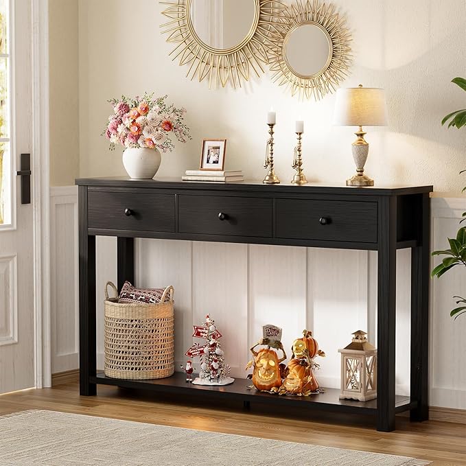 Homieasy Farmhouse Console Table with 3 Drawers, 47 Inch Wood Sofa Table with Storage Shelf for Living Room, Behind Couch, Entryway Table for Hallway, Living Room, or Foyer, Black