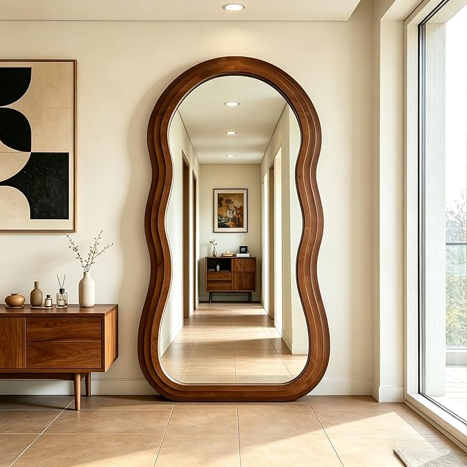 Wavy Full Length Mirror, 71"x33.5" Oversized Organic Floor Mirrors with Triple-Layer Solid Wood Frame, Irregular Full Body Mirror for Living Room Entryway Hallway Cloakroom, Leaning/Hanging