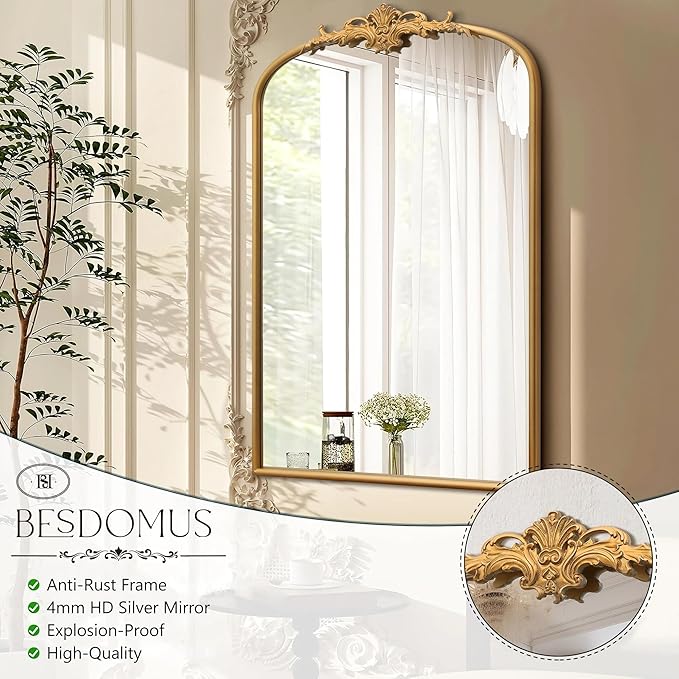 Besdomus Antique Arched Wall Mirror: 24"x36" French Large Arch Gleaming Gold Vintage Wall Mounted Mirror - Traditional Ornate Home Decor for Entryway/Fireplace/Bathroom - Idea for Homemakers