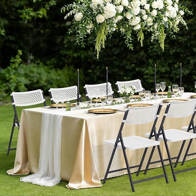 White Folding Chairs 4-Pack, Mesh Injection Molded Plastic with Metal Frame & Non-Slip Pads, 400 lbs Capacity, Foldable for Indoor/Outdoor Wedding Garden Patio Events & Card Tables, Easy-Clean