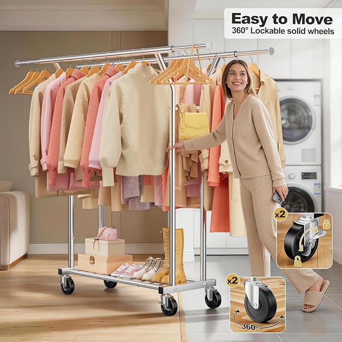 Heavy Duty Clothes Rack - Load 620 LBS, Rolling Clothing Rack for Hanging Clothes with Lockable Wheels & Shelves, Extendable Double Rod Garment Rack for Bedroom, Laundry, Living Room, Silver