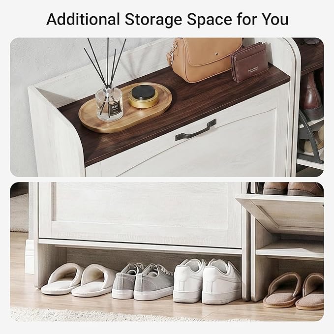 Shoe Storage Cabinet with 2 Flip Drawers and Adjustable Shelves, 31.5“W Farmhouse Hidden Shoe Storage, Narrow Shoe Cabinet Storage for Entryway, Hallway, Warm Grayish White