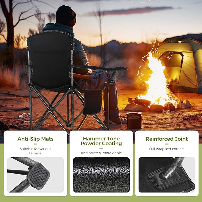 ALPHA CAMP Camping Chairs 350LBS Capacity, Heavy Duty Folding Chair with 4-Can Cooler Bag, Portable Outdoor Chair with Cup Holder for Adults, Collapsible for Tailgating, Beach, Fishing
