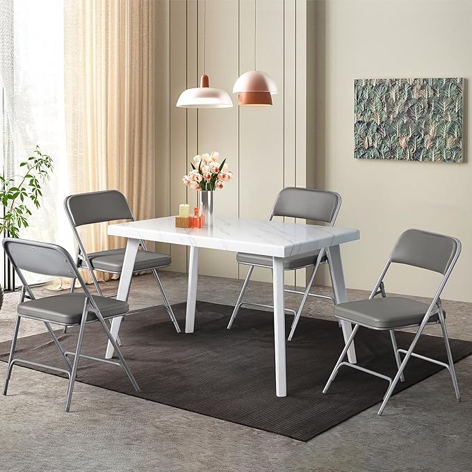 VINGLI Padded Folding Chairs with Comfortable Thick Padding and Steel Metal Frame, Portable, Storable Indoor/Outdoor Seating for Office Events, Wedding Party, Dining, PU, Gray, 1 Pack