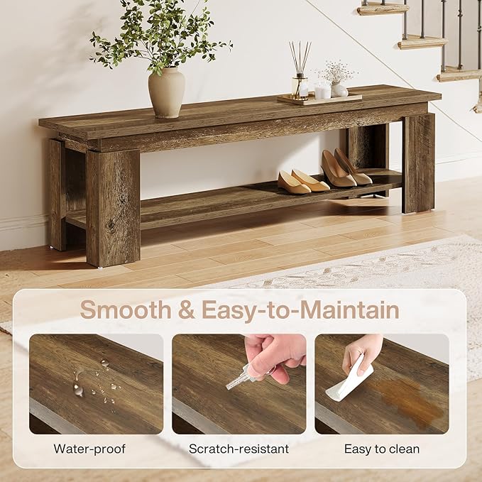 Tribesigns 63" Long Entryway Bench, Rustic Wooden Shoe Bench with Storage Shelf, Farmhouse End of Bed Bench for Hallway, Living Room, Mudroom, Brown