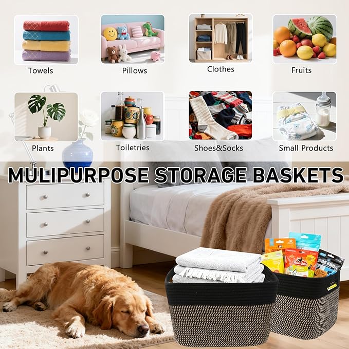 3 Pack Woven Rope Storage Baskets for Shelves,13.5"×11"×9.5" Storage Bins with Handles,Empty Gift Baskets,Nursery Organizer for Toys,Towels,Books,Closet,Living Room,Bedroom (Black&Jute)