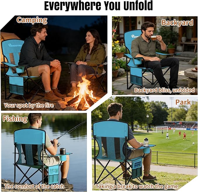 Camping Chairs, High Back Breathable Mesh Camping Chair 300 LBS Capacity, Portable Outdoor Lawn Chairs Folding with Cup Holder for Picnic, Lawn, Beach, Fishing and Sports (Blue)