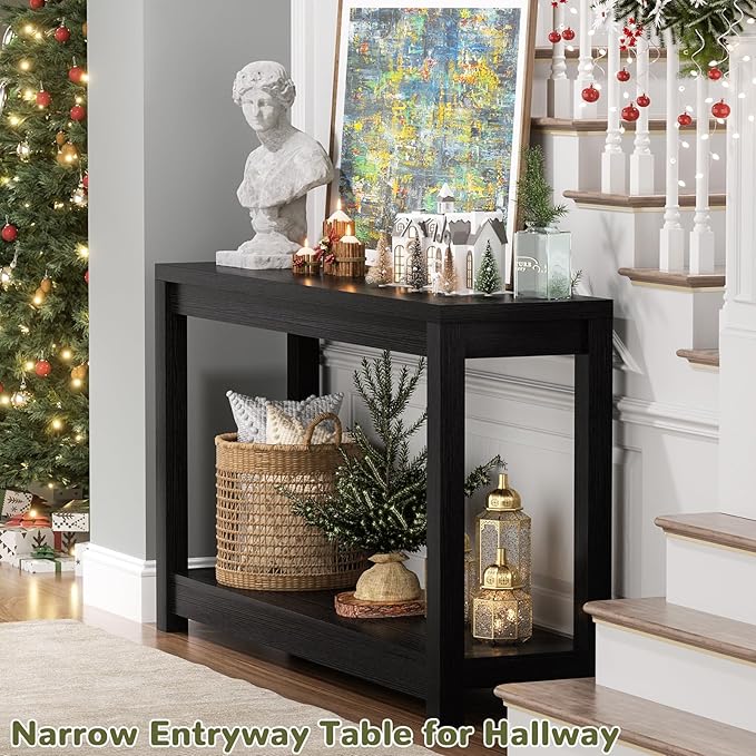 Besiost Small Farmhouse Wood Entryway Table Narrow Console Table with Storage Behind Couch Sofa Table with Shelves Entry Way Table with Open Storage, Easy Assembly, 32" Embossed Wood Grain Black