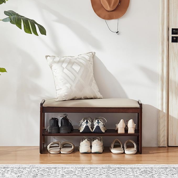 Achicsofar Shoe Rack Bench,2 Tier Wooden Entryway Bench with Shoe Storage, Shoe Rack with Cushion for Living Room, Hallway(Pu Beige, 31.5")
