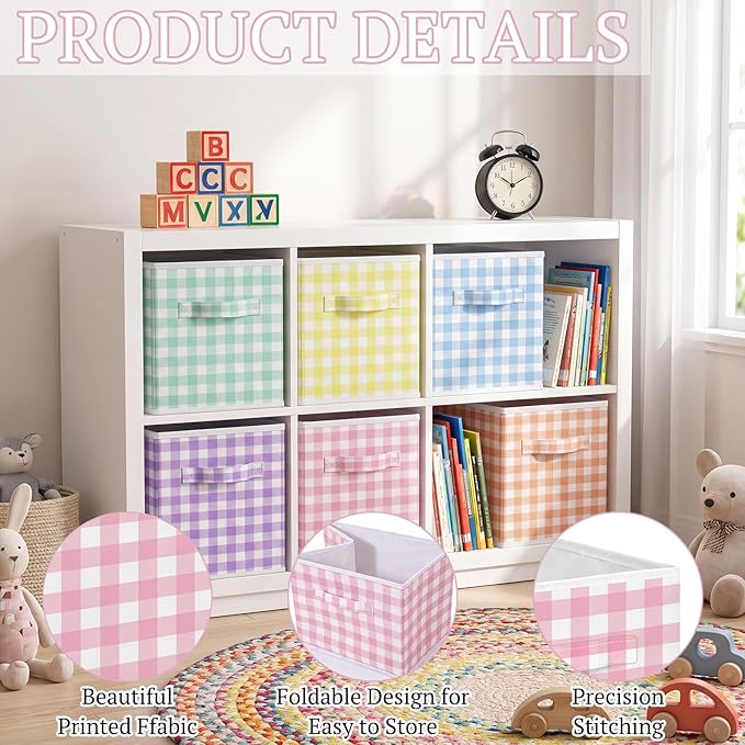 Yalikop 6 Pcs Colorful Checkered Cube Storage Bins, 11 Inch Fabric Gingham Classroom Storage Bins Organizer with Handle Preppy Collapsible Cubby Basket for Classroom Home Nursery Playroom Bedroom