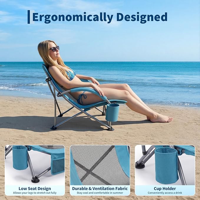 Garvee Low Beach Chair, Folding Portable Beach Chairs for Adults, Lightweight Extra Wide Seat Chair with Cup Holder, Storage Pocket & Carry Bag for Camping, Beach, Travel