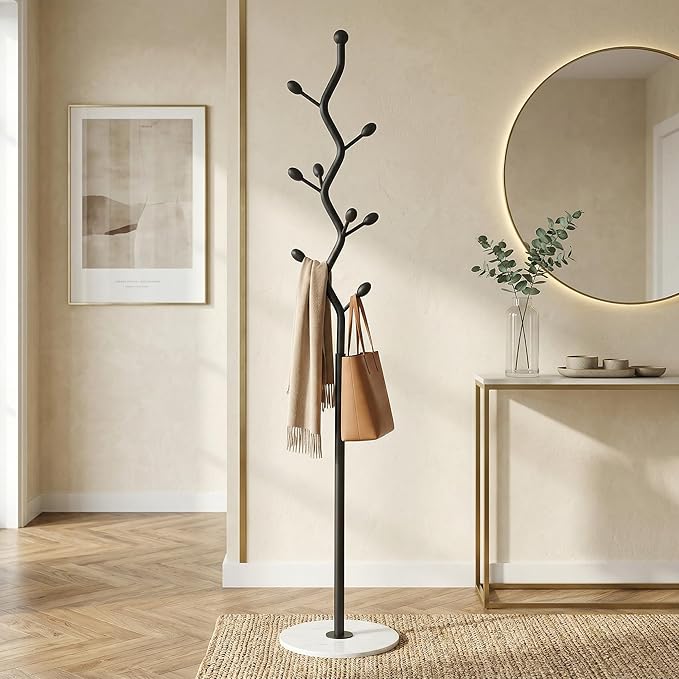 Freestanding Tree Branch Coat Rack with Marble Base, Gold Decorative Standing Coat Rack with 8 Hooks, Sturdy Heavy Duty Metal Coat Hanger Stand for Entryway Bedroom Living Room (Black + White)