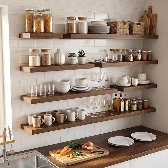 Venusmiles Floating Shelves for Wall, 48 Inch Floating Shelves Set of 1, 6.5" D Wooden Wall Mounted Display Shelves with Invisible Brackets for Living Room, Bedroom, Bathroom, Kitchen Decor, Walnut