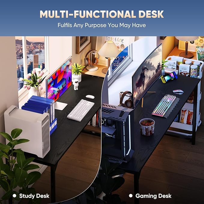 DUMOS 63 Inch Computer Desk Writing Gaming Study Work Large Desks for Bedroom Home Office with Metal Frame Simple Modern PC Compact Table Workstation, Wood Black