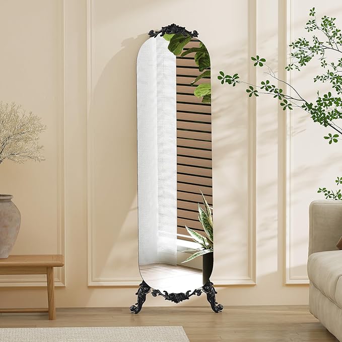 Arched Full Length Mirror, 63"X20" Vintage Floor Mirror, Baroque Full Body Mirrors with Art Carved, Free Standing Leaning or Wall-Mounted Mirrors for Bedroom, Living Room, Entryway, Black