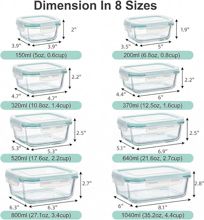 8 Pack Glass Food Storage Containers,Glass Meal Prep Containers with Lids,Airtight Glass Lunch Boxes,Leakproof Food Containers,Stackable Glass Storage Set,Microwave Safe Glass Containers,BPA Free