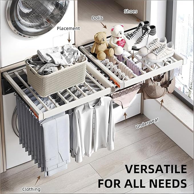 Hidden Pull Out Drying Rack, Extendable Pull Out Trousers Rack, Space Saving, Above Washing Machine Wardrobe, Aluminum Alloy, Soft-Close, Depth 21.26in Width 26-28in White