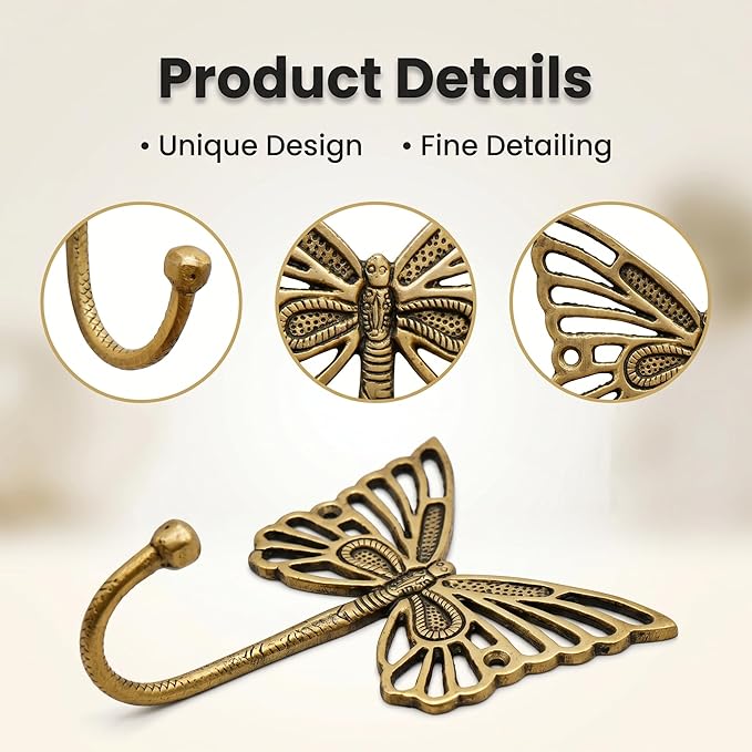 Indian Shelf 33 Lb. Solid Brass Butterfly Wall Hooks - Vintage Gold Decorative Hooks for Coats, Backpacks- Cute Heavy Duty Hangers for Kids Room, Entryway, Kitchen, Mudroom - Pack of 3