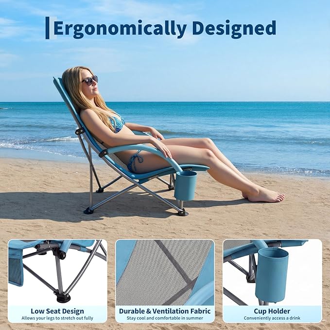 Garvee High Beach Chair 2 Pack, Folding Portable Beach Chairs for Adults, Lightweight Extra Wide Seat Chair with Cup Holder, Storage Pocket & Carry Bag for Camping, Beach, Travel