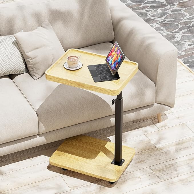 Tv Tray,Adjustable Height C Shaped End Side Table for Eating on Couch That Slide Under,360°Swivel Sofa Snack Dinner Table with Wheels for Living Room and Bedroom, Bed,Chair(Oak+Black)