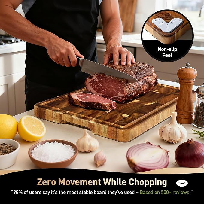 End Grain Cutting Board Set of 2 with Non-slip Feet, Reversible Acacia Wood Cutting Boards for Kitchen with Juice Grooves and Handles Non Toxic Chopping Board Butcher Block Serving Tray Kitchen Gift