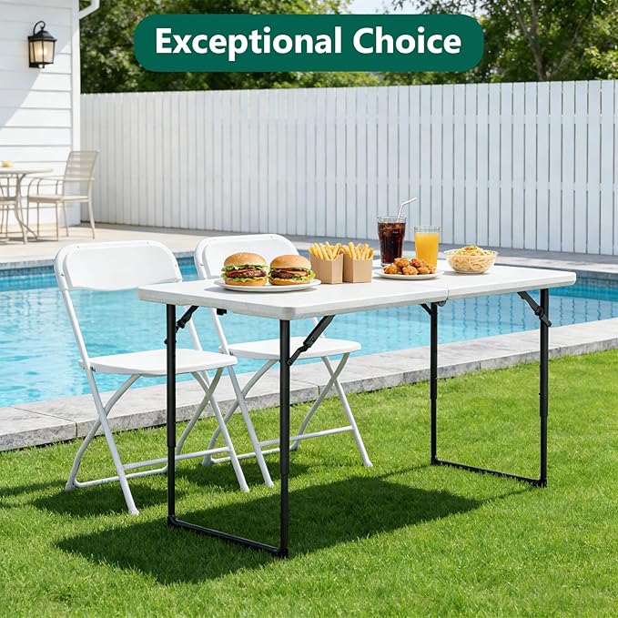 4ft Folding Table with Adjustable Height, Heavy Duty Fold-in-Half Plastic Table with Steel Legs, Portable for Indoor, Outdoor, Picnic, Camping, Dining, Party, (Plastic White)