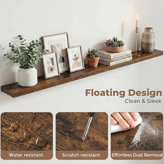 Venusmiles Floating Shelves for Wall, 72 Inch Floating Shelves Set of 1, 6.5" D Wooden Wall Mounted Display Shelves with Invisible Brackets for Living Room, Bedroom, Bathroom, Kitchen Decor, Brown