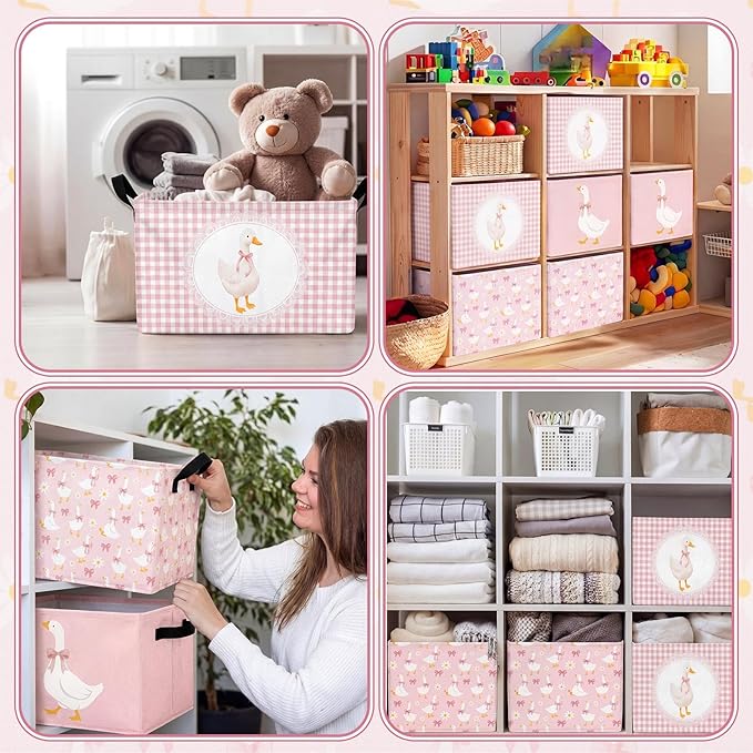 CHENGU 6 Pack Pink Silly Goose Storage Bin Cute Collapsible Storage Basket for Girl Large Foldable Laundry Box with Handle Decorative Clothing Basket for Girl Nursery Bedroom Home Baby Shower Birthday