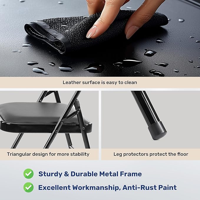 Simple Deluxe 2 Pack Folding Chairs with Leather Padded Cushion Seats & Durable Metal Frame, Foldable, Portable, Commercial Event Seat, Indoor Outdoor for Parties, Home, Office, Classic Black