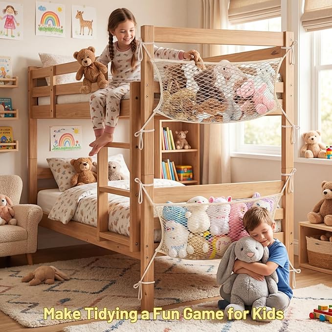Stuffed Animal Storage Net for Kids, Bedside Toy Organizer Net - Neatly Store Your Stuffed Animals, Cotton Bedside Stuffed Animal Storage Net with Tether, Stretches up to 35 Inches, Beige