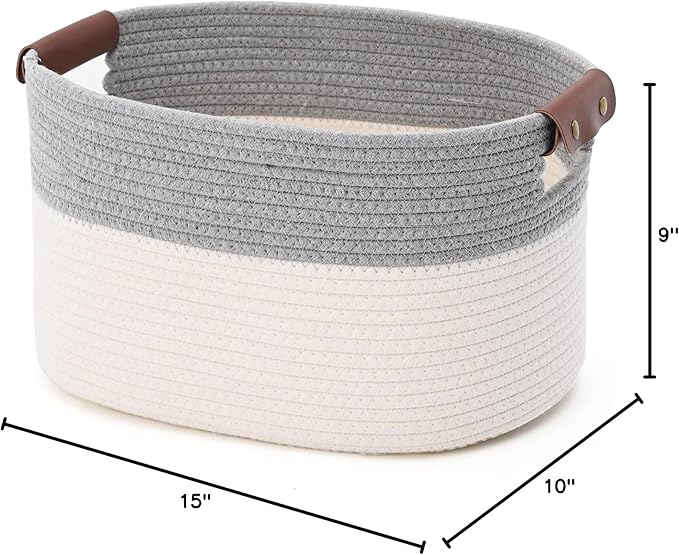 ECDYQXVU Cotton Rope Basket, Storage Baskets with Handle, 15x10x9 Inch Woven Basket for Shelves, Laundry, Towels, Clothes, Books (White/Grey 1Pack)