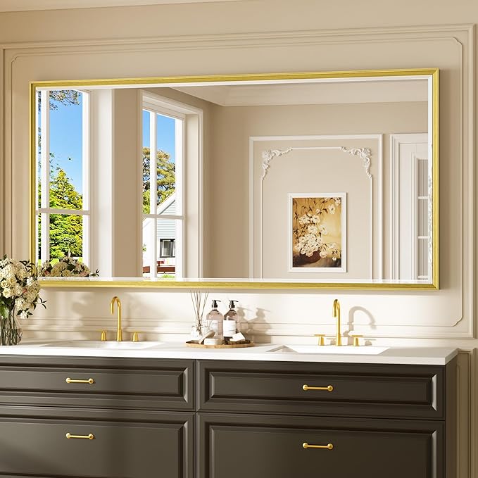 Keonjinn 72" x 36" Gold Bathroom Mirror, Decorative Metal Frame, Safe Beveled Tempered Glass, Shatterproof, Modern Farmhouse Large Rectangle Wall-Mounted Mirror for Living Room, Dining Room